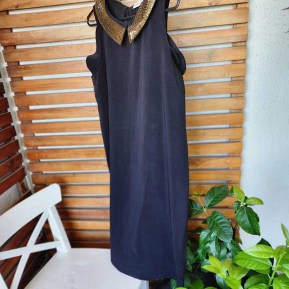Howard Showers midi dress size 10 black stretch knit embellished gold collar - Picture 1 of 10